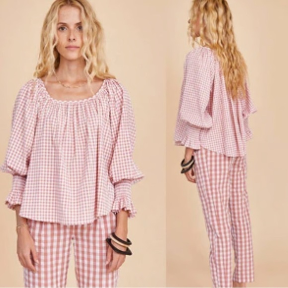 Hunter Bell Womens Rosette Pink Check Lucia Scoop Neck Top Cottagecore Medium - Picture 1 of 10